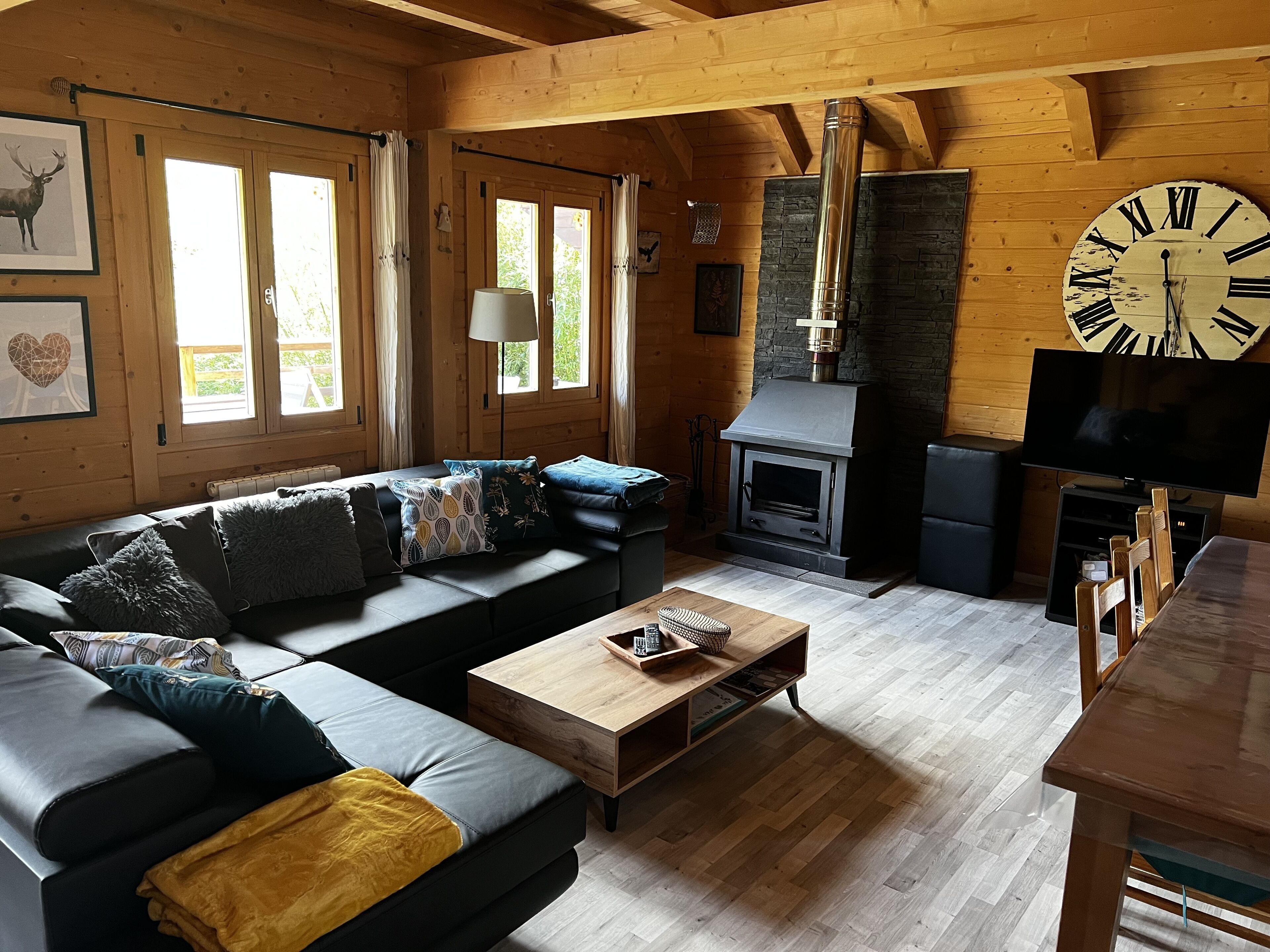 Smart TV, chimenea, reproductor de DVD y libros 