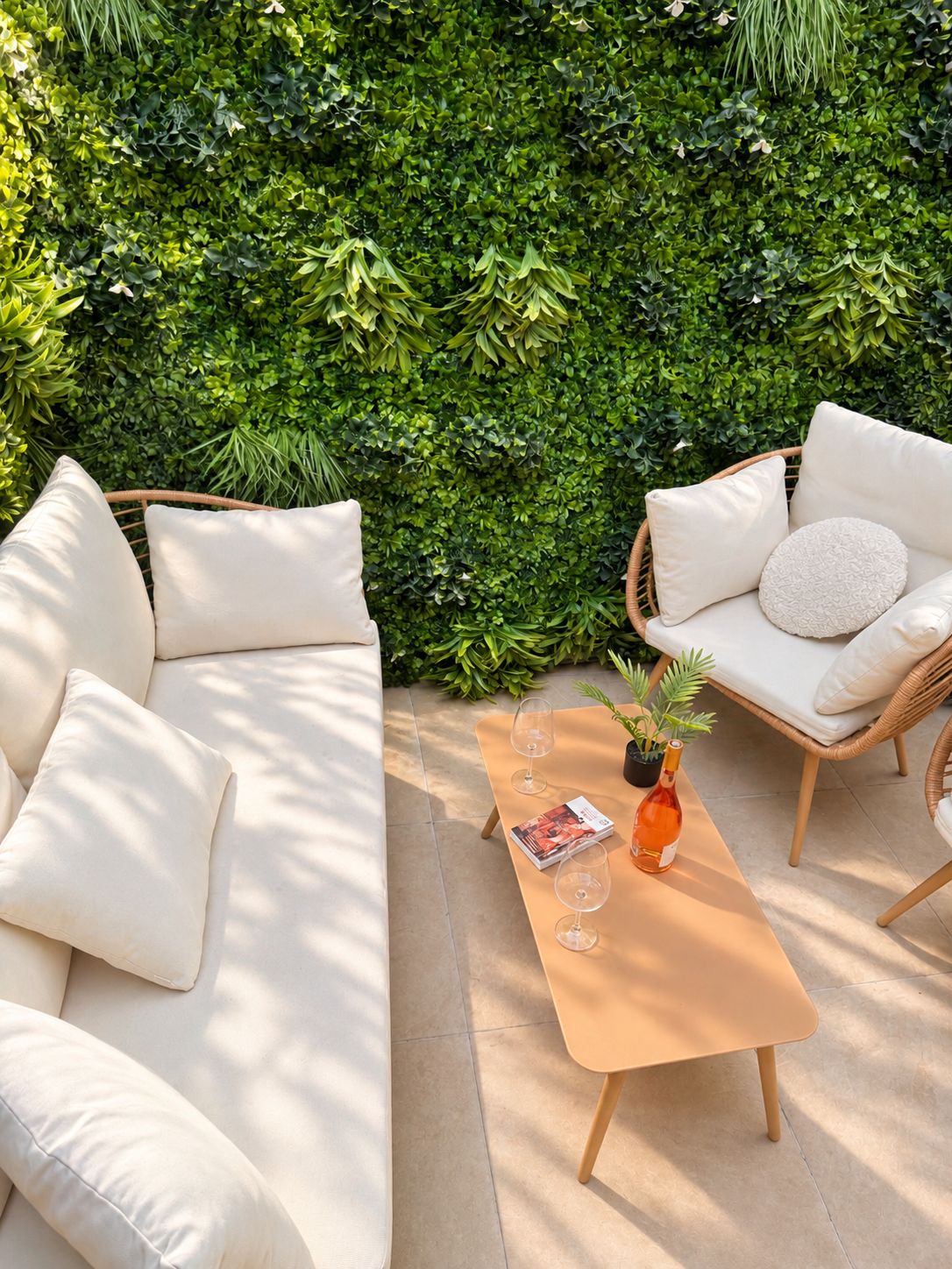 A patio with a sofa and chairs, a table, and a potted plant.