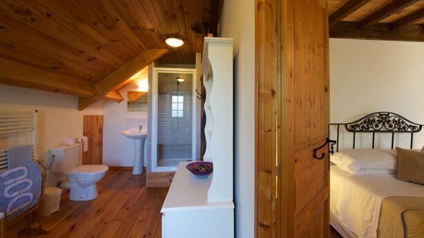 A compact bedroom with a wooden ceiling, a single bed, and a bathroom with a toilet and sink.