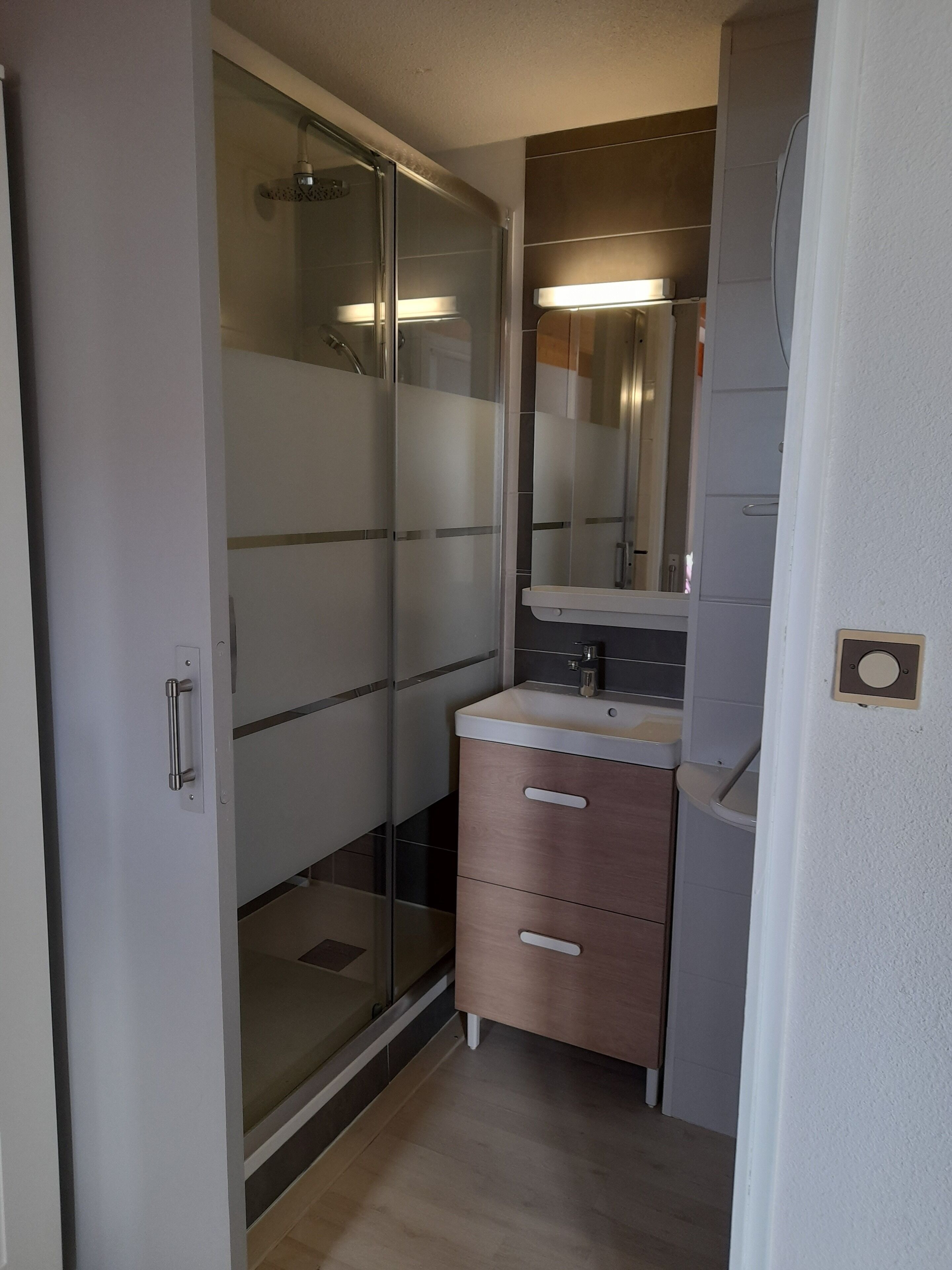 A bathroom with a glass shower enclosure, a vanity with a mirror, and a sink.