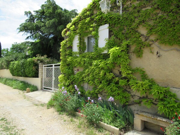 A building with ivy-covered walls, a gated entrance, and a bench. - Charming house in Provencal Gard, large garden, swimming pool, children's games (Orsan)