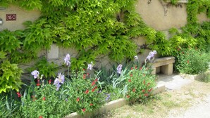 A building with ivy-covered walls, a white door, and a bench in the foreground. - Charming house in Provencal Gard, large garden, swimming pool, children's games (Orsan)