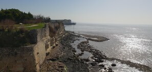 Blick auf die Küste mit einer Steinmauer und einem Weg zu einer Bank.