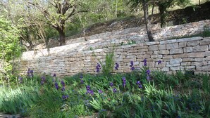 Eine steinerne Stützmauer mit einem Garten, der violette Blumen und viel Grün zeigt.