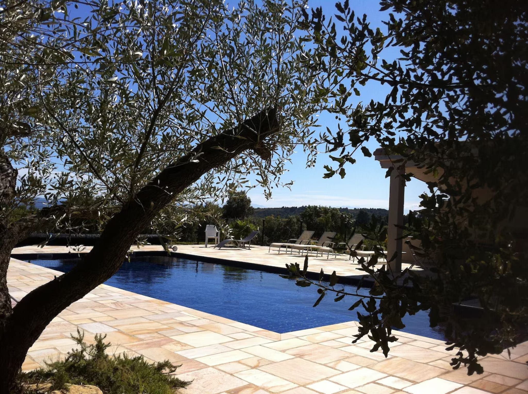 Une piscine dotée d’une terrasse carrelée, entourée de chaises longues et d’une pergola.