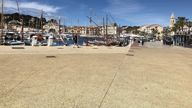 A marina with boats docked, a clear sky, and buildings in the background.