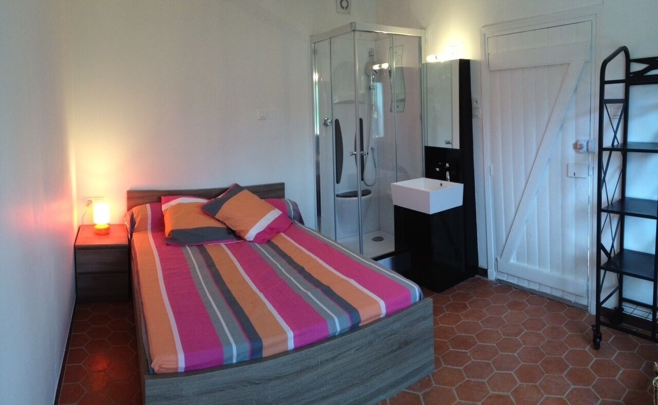 Une chambre d’hôtel avec un lit, une douche, un lavabo et une armoire.