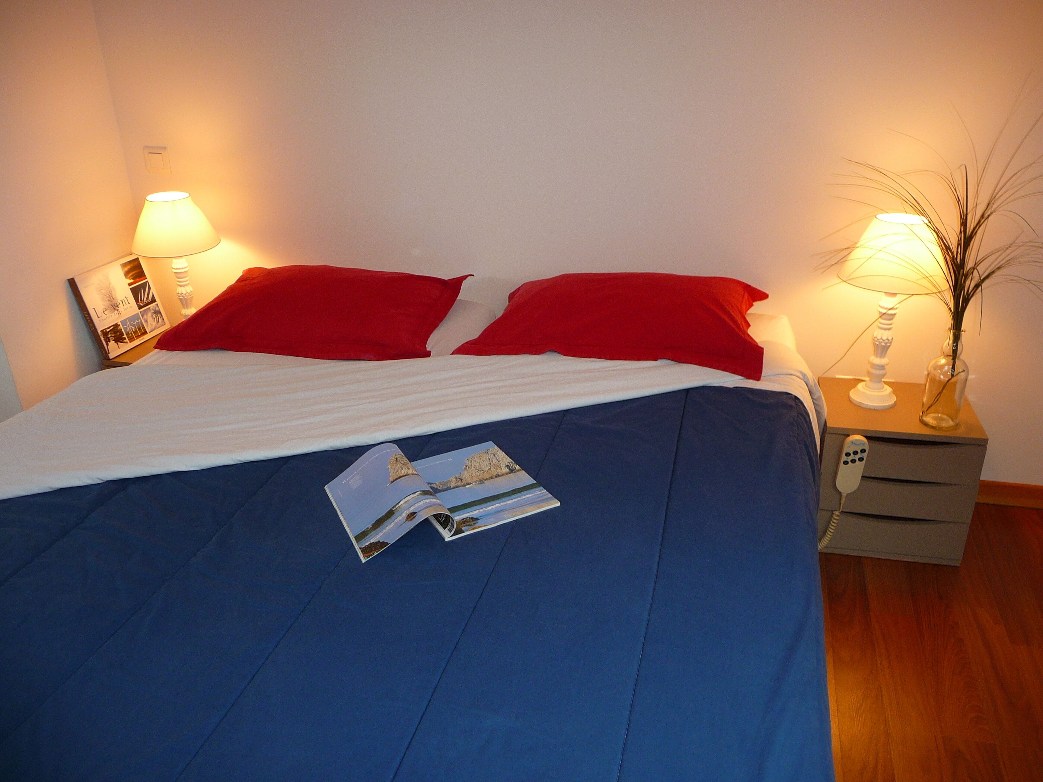 Een net opgemaakt bed met rode en witte kussens, een blauwe dekbedovertrek en een tijdschrift op het bed. Twee nachtkastjes met lampen, en op een ervan staat een vaas met planten.