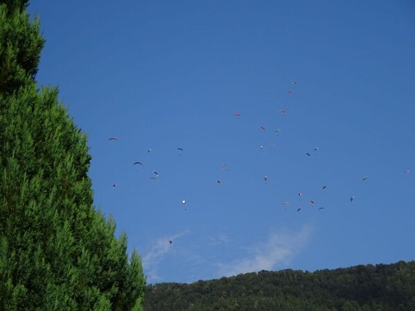 Un ciel d’un bleu limpide, où l’on peut voir de nombreux parapentes en vol.
