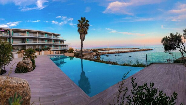 Un hôtel moderne doté d’une piscine donnant sur la mer, offrant une vue dégagée sur la côte et un palmier.