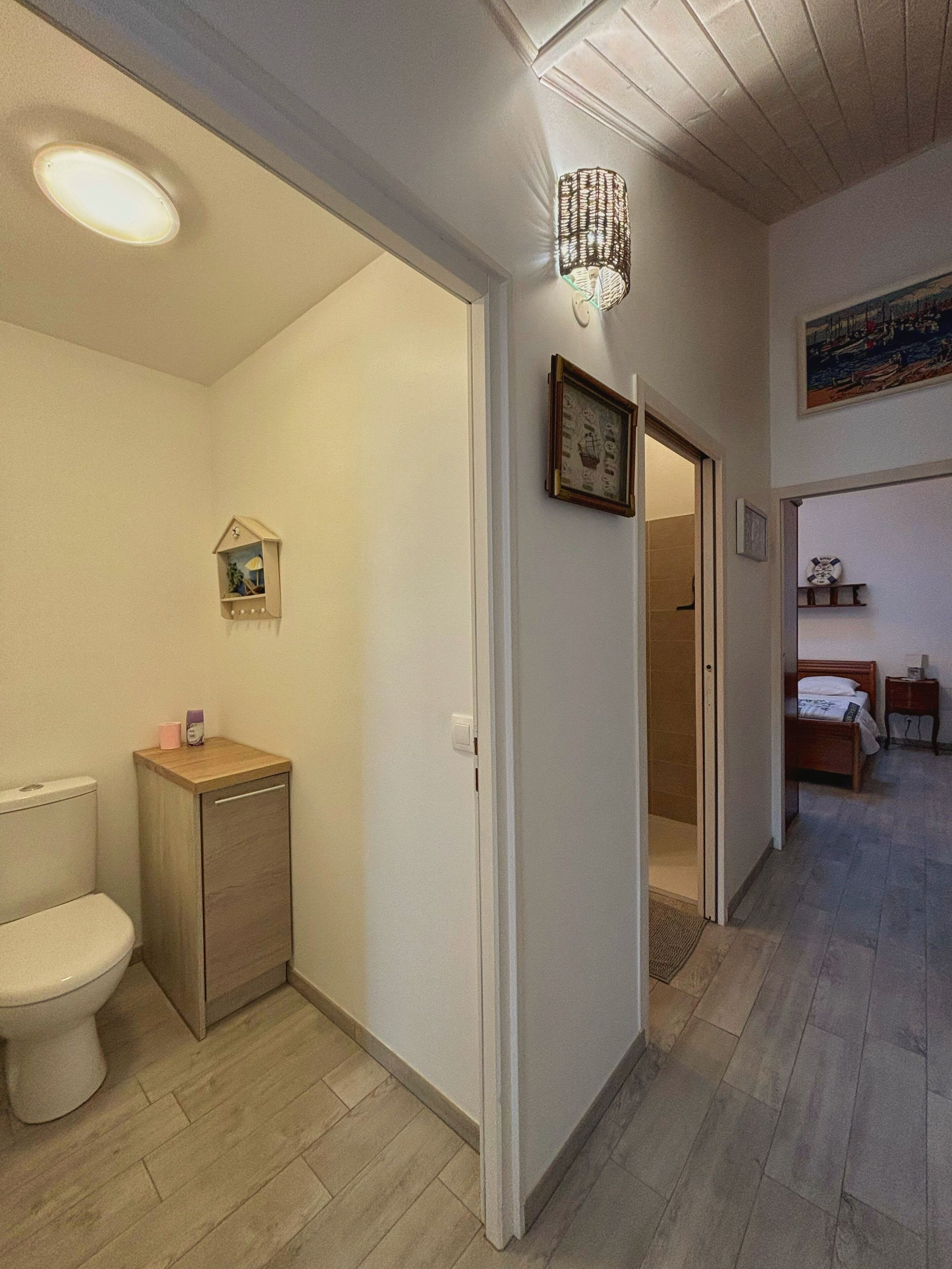 Un pasillo con un armario de madera, un inodoro, un cuadro enmarcado y una puerta que da a otra habitación.