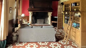 A cozy room with a fireplace, a bed, a bookshelf, and a ladder.