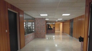 A hallway with wooden paneling, a tiled floor, and a glass wall with a plant.