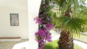 En innergård med stenläggning, en palmpalm och bougainvilleablommor.