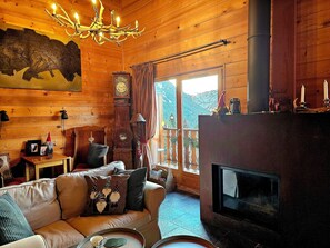 Télévision, cheminée, lecteur de DVD, livres