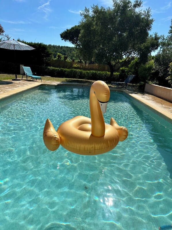 A clear swimming pool with a swan inflatable float.