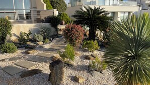 Un jardín ajardinado con diversas plantas y un sendero de piedra.