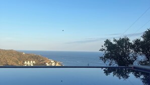 Una piscina infinita con vistas despejadas al océano y a la costa distante.