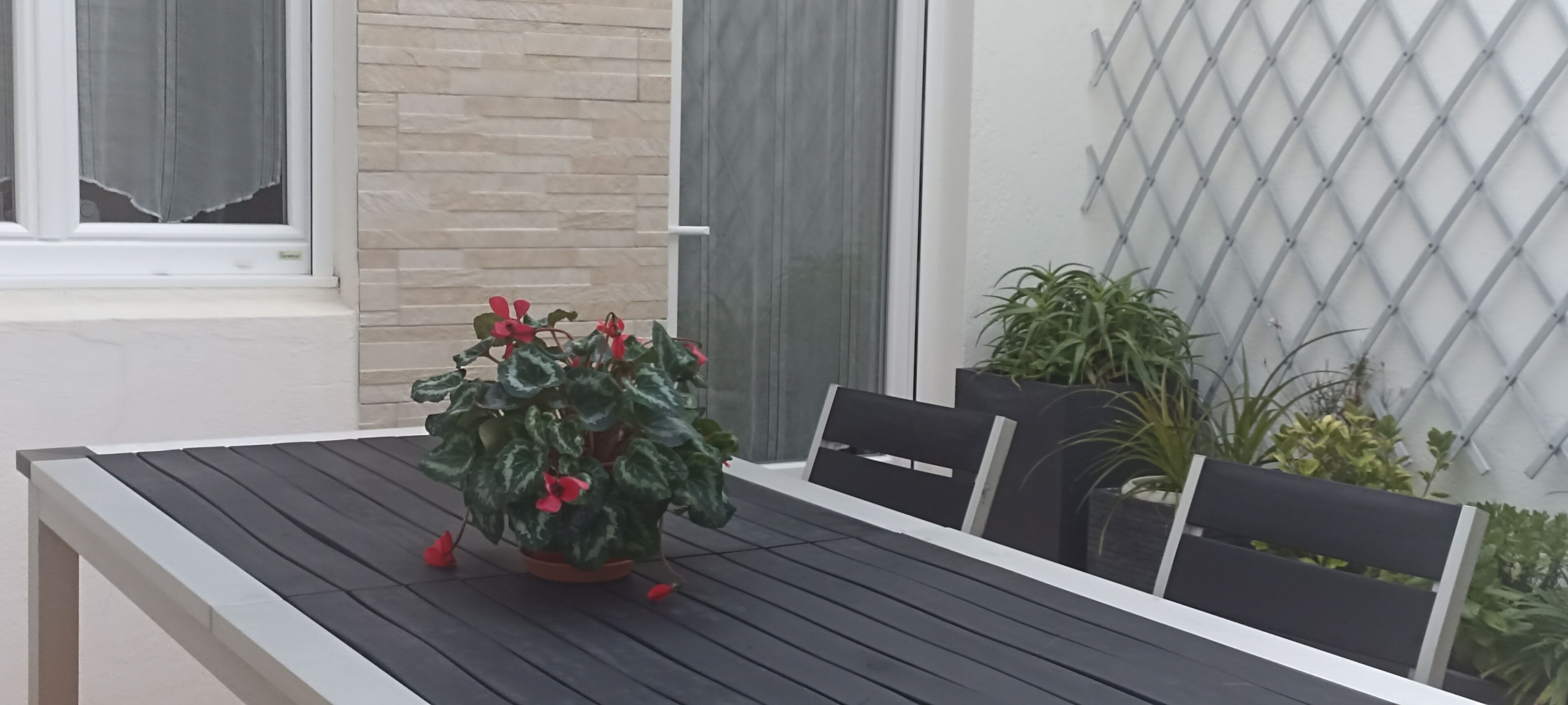 En terrasse med et bord, stole og plantekasser.
