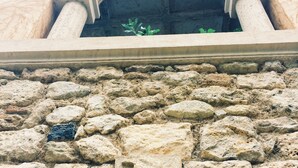 A stone wall with a carved grapevine design. - Gîte Lo Bornat: full of nature and sun, between sea and mountains (Puissalicon)