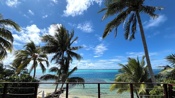 A wooden deck with a view of the ocean and palm trees. - Villa Maharepa Beach by ENJOY VILLAS/3 bdrm with AC/2 bath/private pool + beach (Moorea-Maiao)
