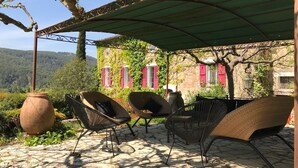 Un espace extérieur aménagé, abrité et doté de chaises en osier et d’un grand pot de fleurs.