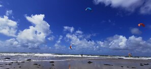 Een strand met mensen die vliegeren en een heldere lucht.