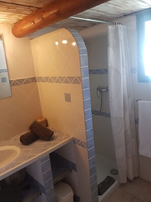Een douche, een haardroger, zeep, shampoo