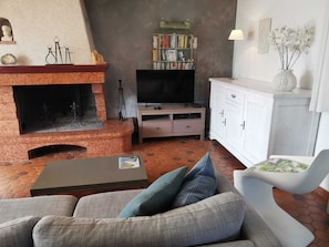 Smart-tv, een open haard, een dvd-speler en boeken