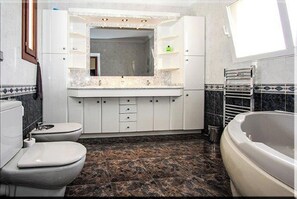 Combined shower/tub, hair dryer, bidet, towels