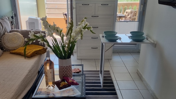A compact living space with a sofa, a coffee table, a vase with flowers, a kitchen area with a table and chairs, and a view of the outside. -  PRETTY STUDIO quiet, well located for the beaches of St Raphael and Frejus (Fréjus)