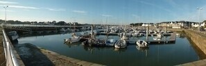A marina with multiple boats docked, a bridge, and buildings in the background.