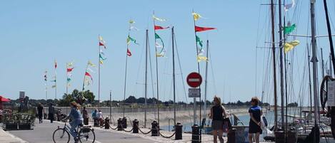 A coastal promenade with flags, a no-entry sign, and a bicycle.