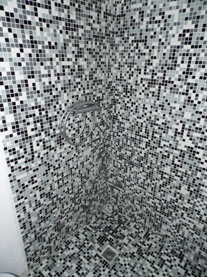 Bathtub, hair dryer, towels, toilet paper