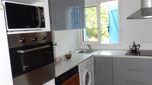 A modern kitchen with stainless steel appliances, grey cabinets, a washing machine, and a window with a view of greenery. - 70 m2 Rental near sea / mountain (Cargèse)