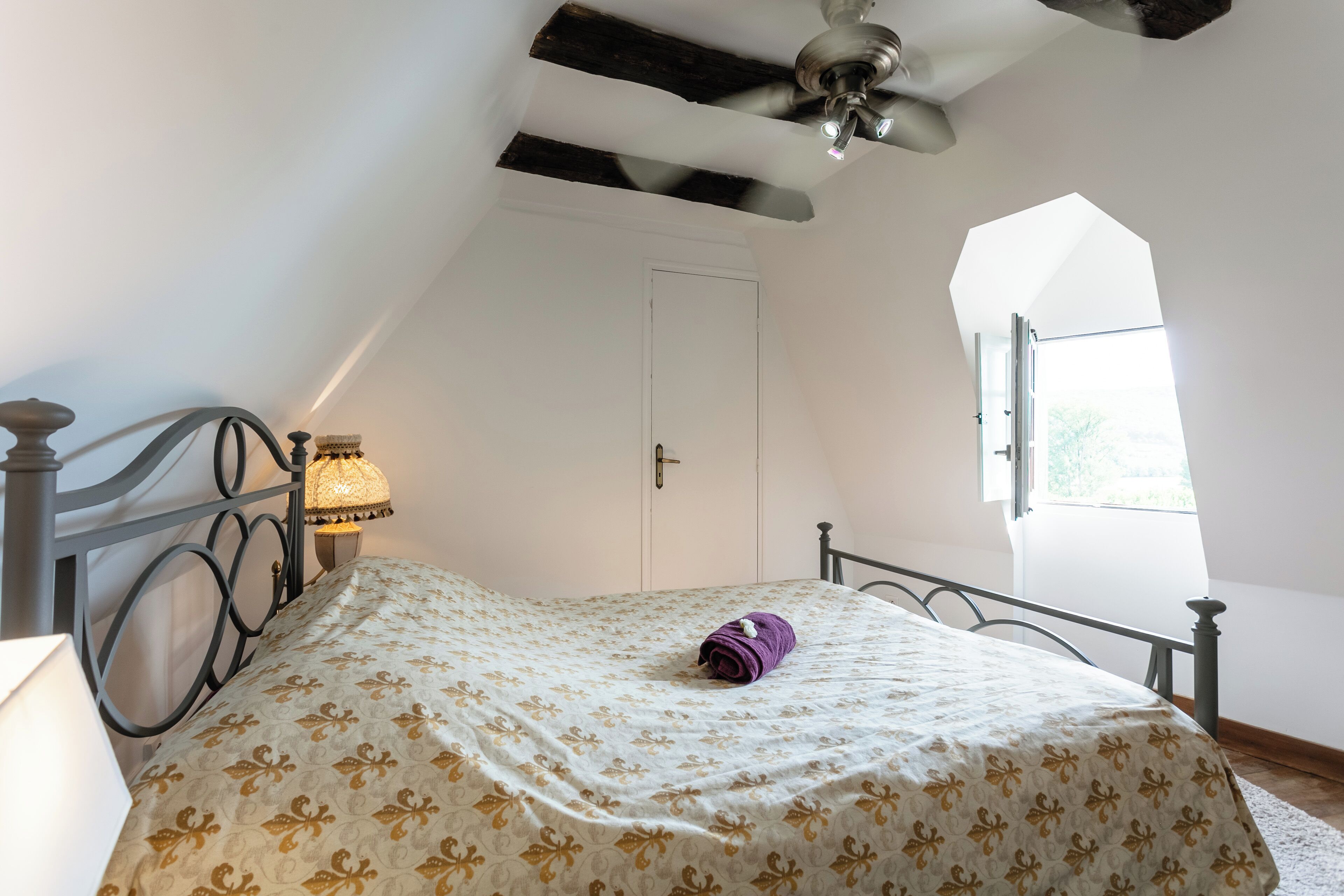 Un dormitorio con una cama, ventilador de techo, ventana y puerta.