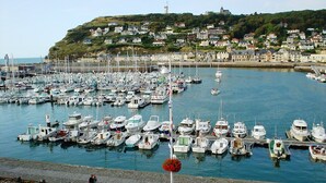 Una marina affollata di imbarcazioni varie, un lungomare in ciottoli e una collina con edifici sullo sfondo.