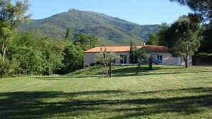 Ein Haus mit rotem Dach, umgeben von grünem Gras und Bäumen, mit einem Berg im Hintergrund.