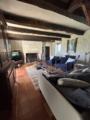 TV, fireplace, DVD player, books