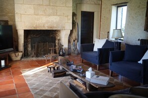 Télévision, cheminée, lecteur de DVD, livres