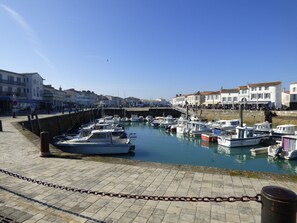 A marina with boats docked, a stone walkway, and buildings in the background.
