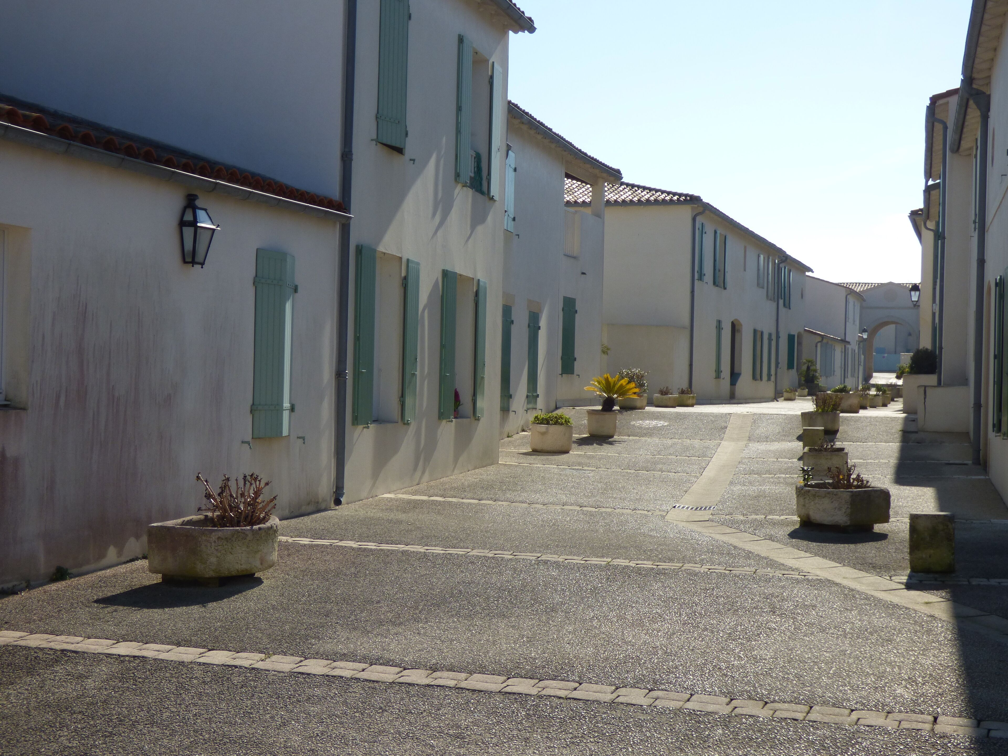 Uma rua estreita com edifícios em ambos os lados, com calçada de pedra e plantas em vasos.