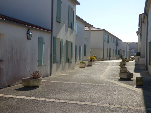 A narrow street with buildings on both sides, featuring a cobblestone path and potted plants.