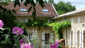 Uma casa de pedra com telhado de telhas, um pequeno jardim com flores cor-de-rosa e um banco de madeira.