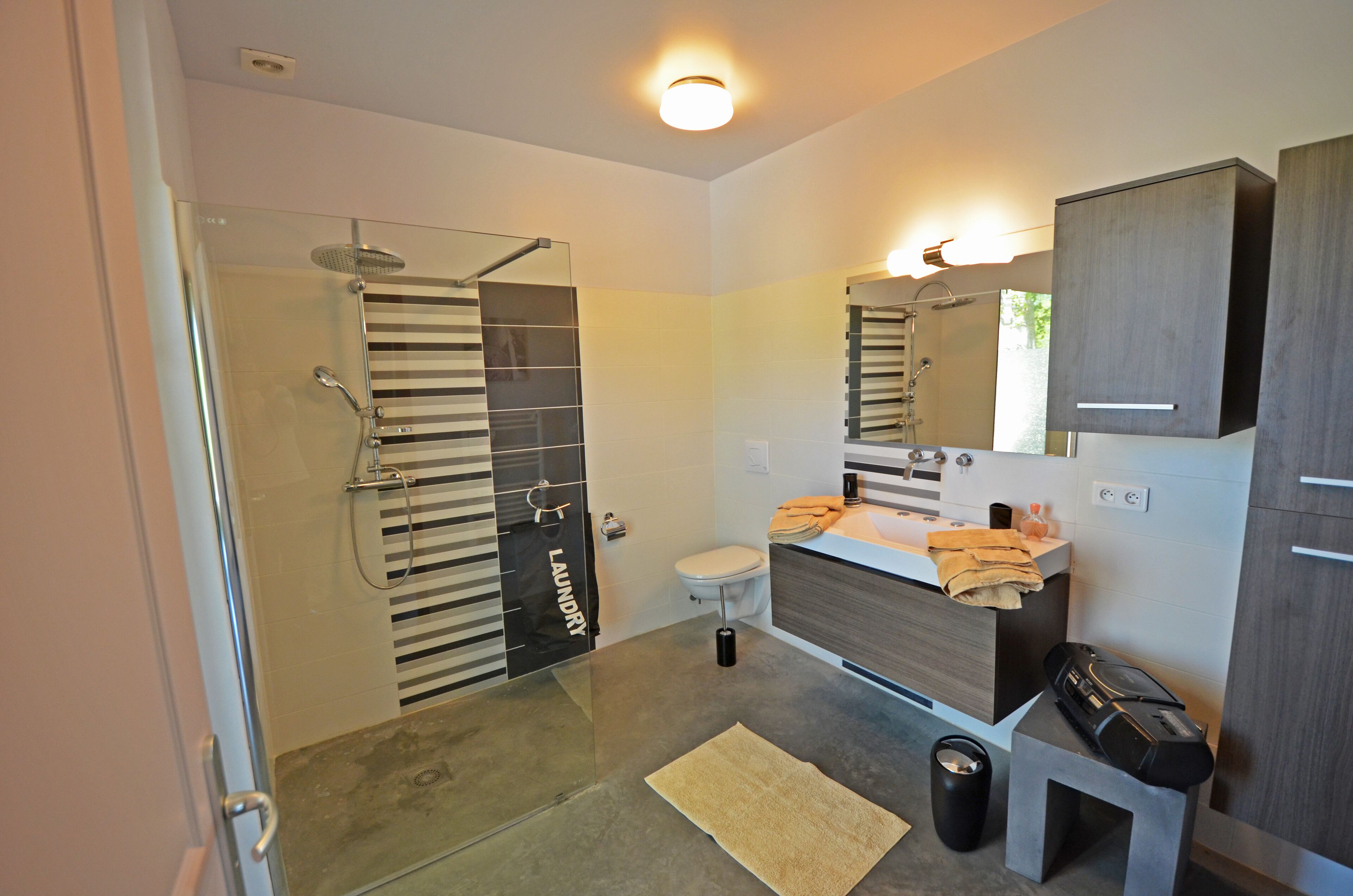 Bathtub, hair dryer, towels, soap