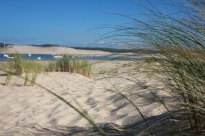 On the beach, sun loungers