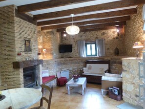 Télévision, cheminée, livres