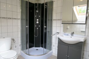 Shower, hair dryer, toilet paper