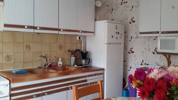 Fridge, microwave, oven, coffee/tea maker