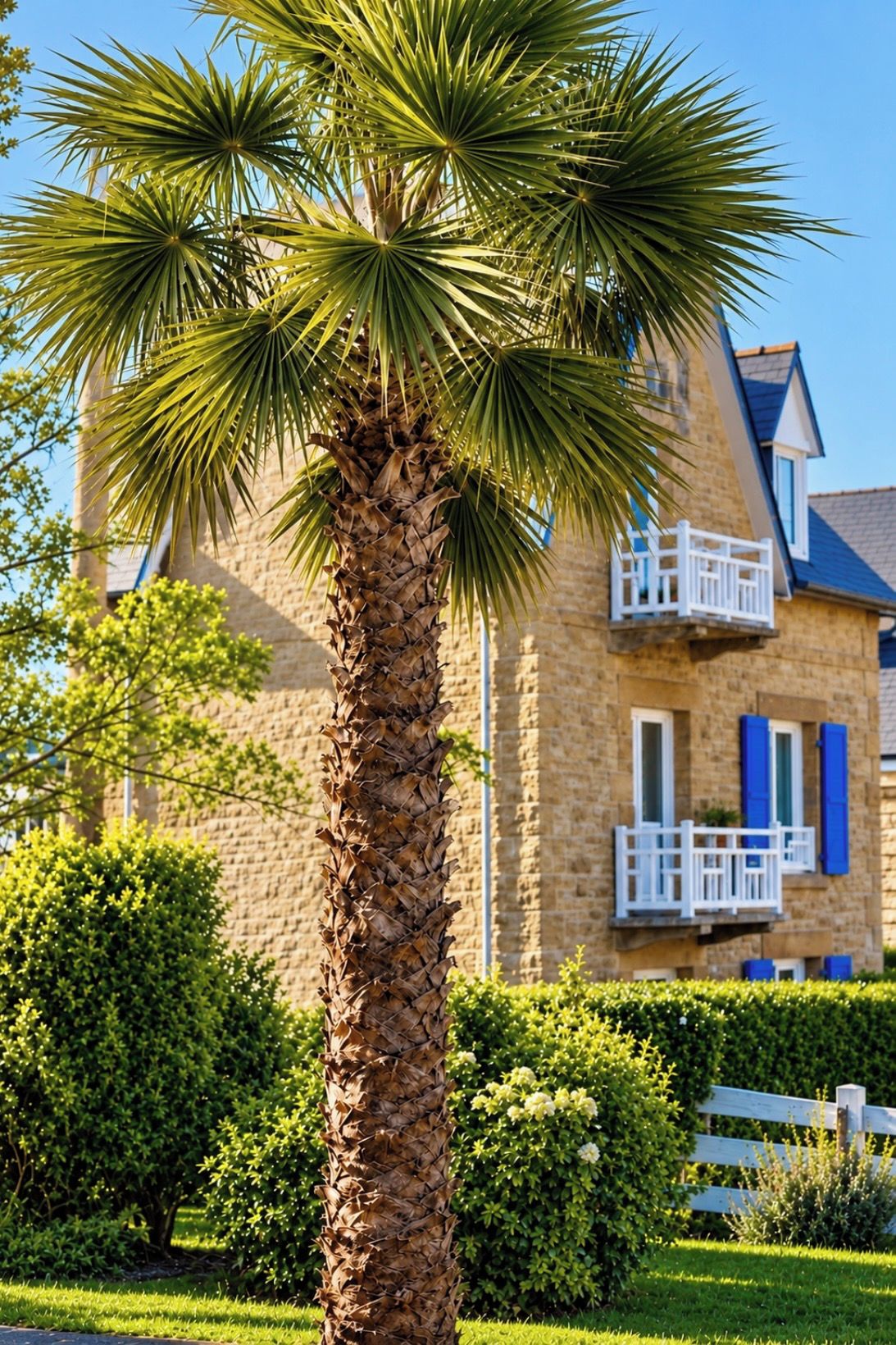 A palm tree in front of a stone building with a balcony.